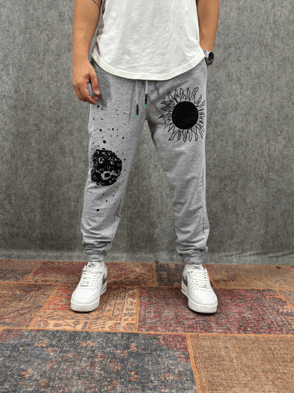 Beli Lastikli Baskılı Gri Jogger