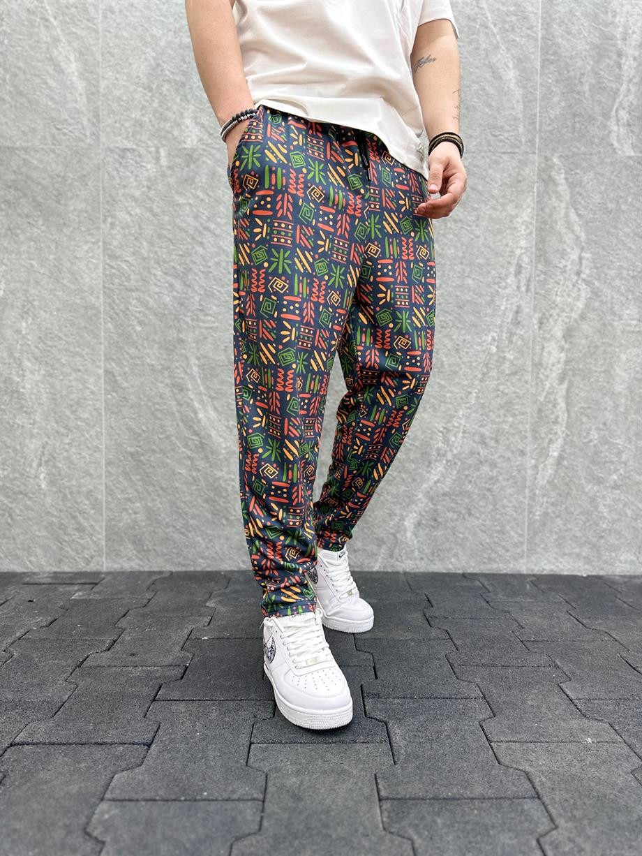 Beli Lastikli Aztek Desenli  Baggy Pantolon