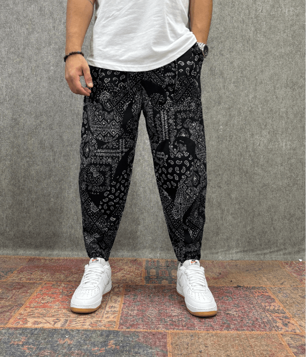 Beli Lastikli Kaşe Cep Nervür Detaylı Desenli Baggy Pantolon