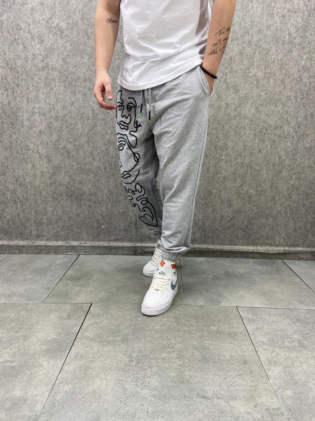 Bel ve Paça Lastikli Figure Baskılı Pamuk Örme Gri Jogger