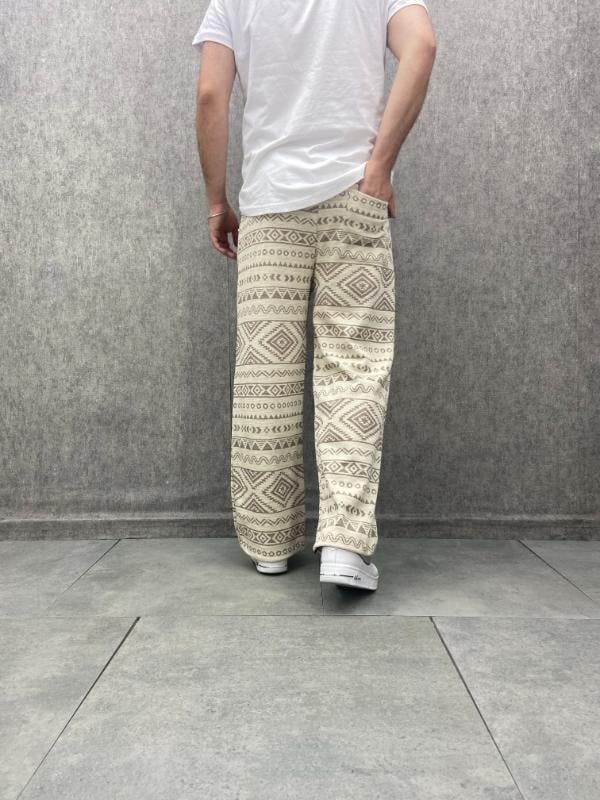 Beli Lastikli Boru Paça Aztek Desenli Pantolon