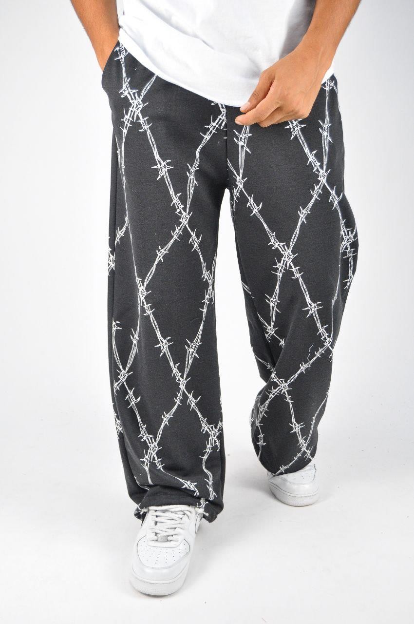 Beli Lastikli Paça Stoperli Desenli Siyah Pamuklu Baggy Pantolon