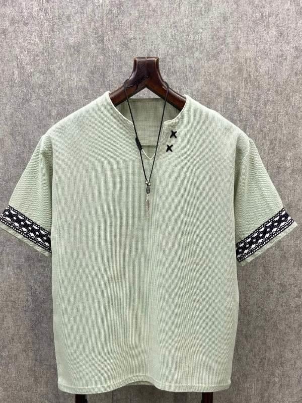 Oversize El İşi Detaylı Pamuk Keten Açık Yeşil Tshirt