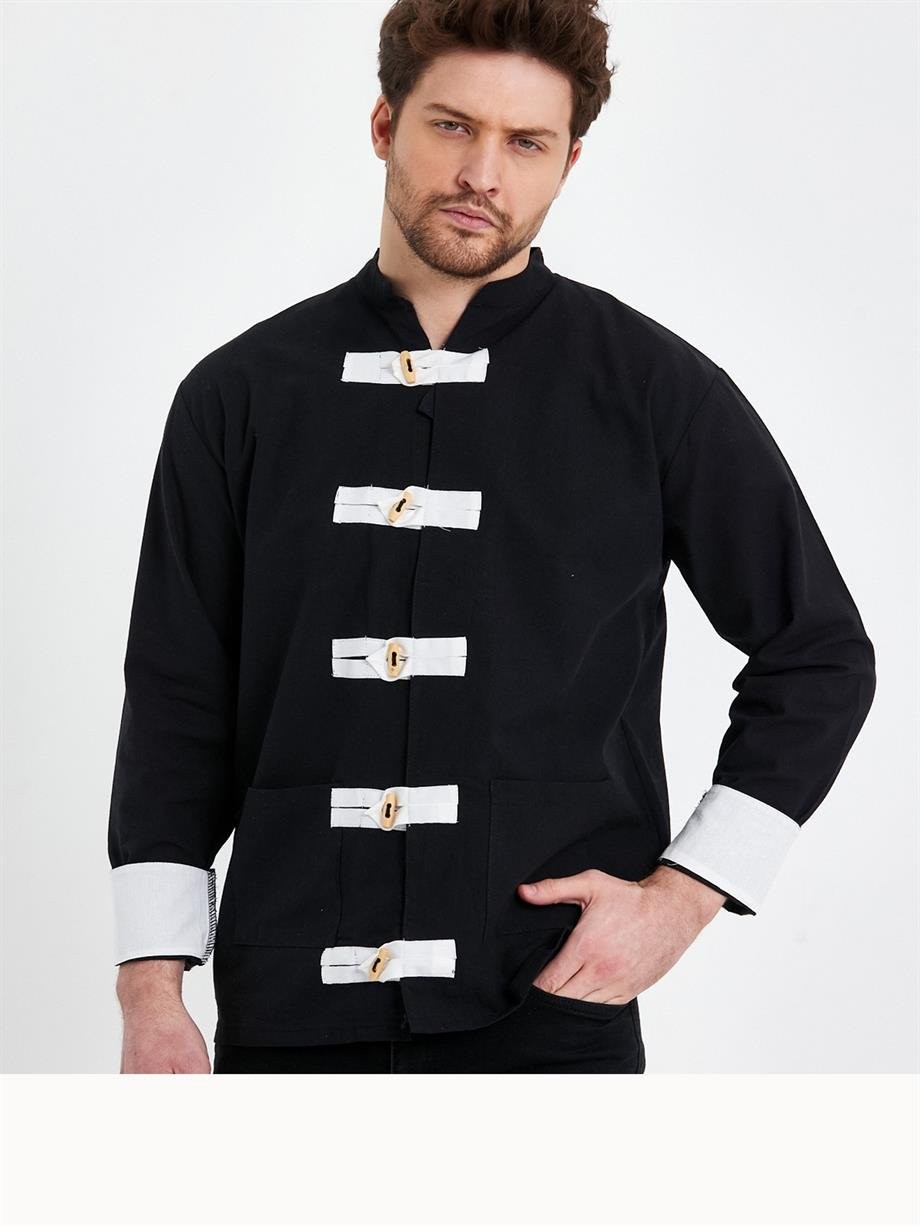Oversize Hakim Yaka Tokyo Pamuk Keten Siyah Gömlek
