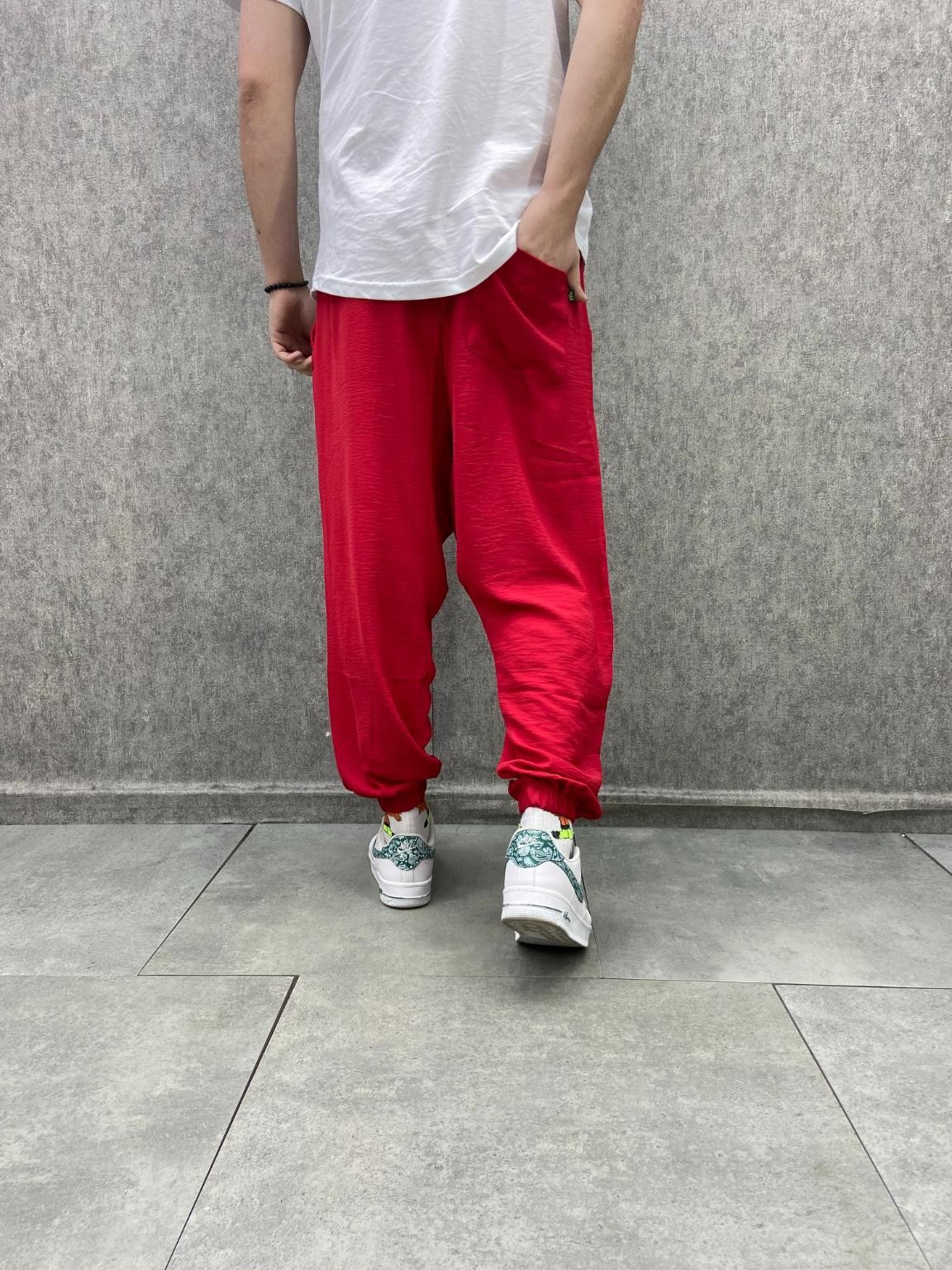 Beli Lastikli Viscon Linen Kumaş Kırmızı Yarım Şalvar