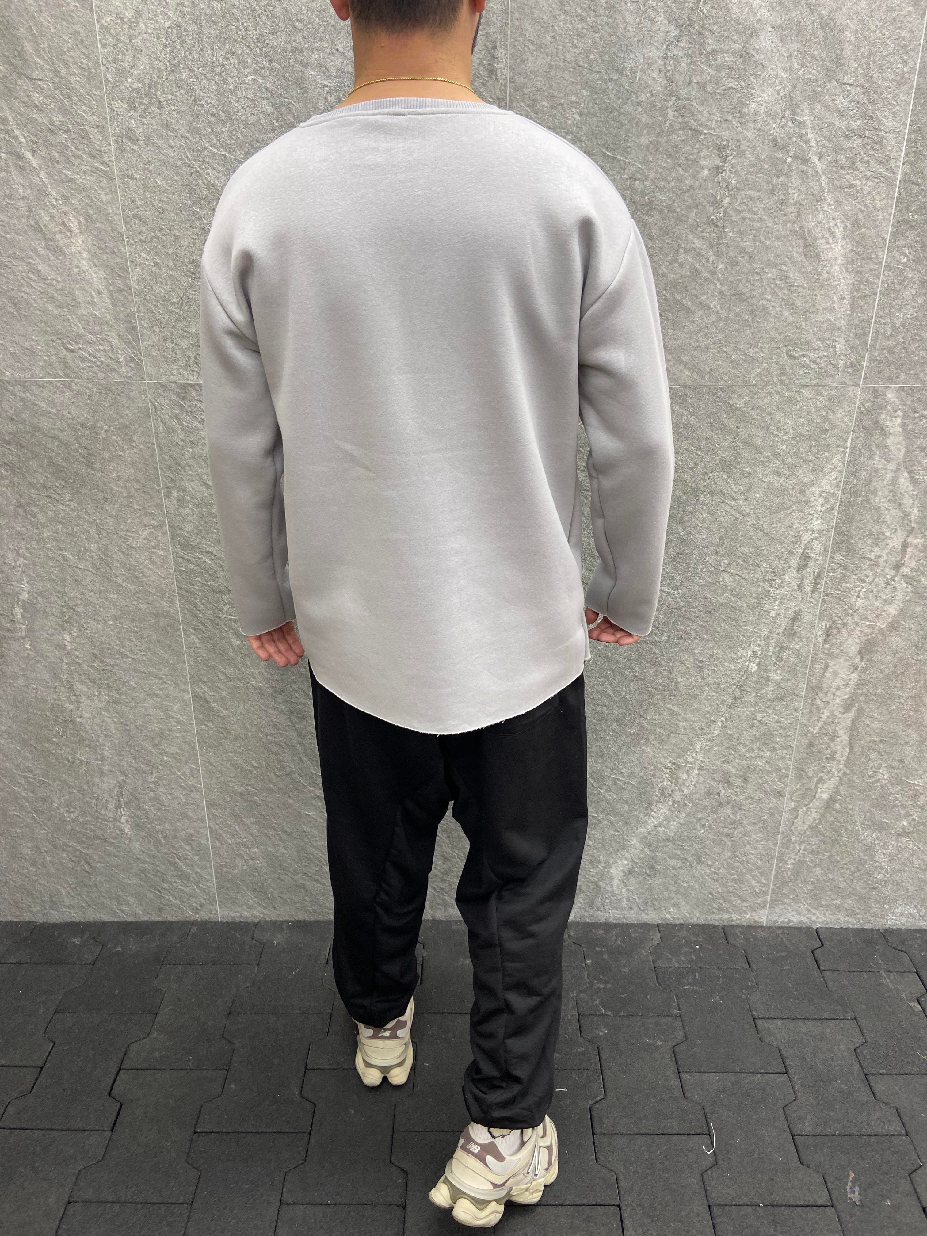 Oversize Pamuk Şardonlu Lazer Kesim Gri Sweatshirt