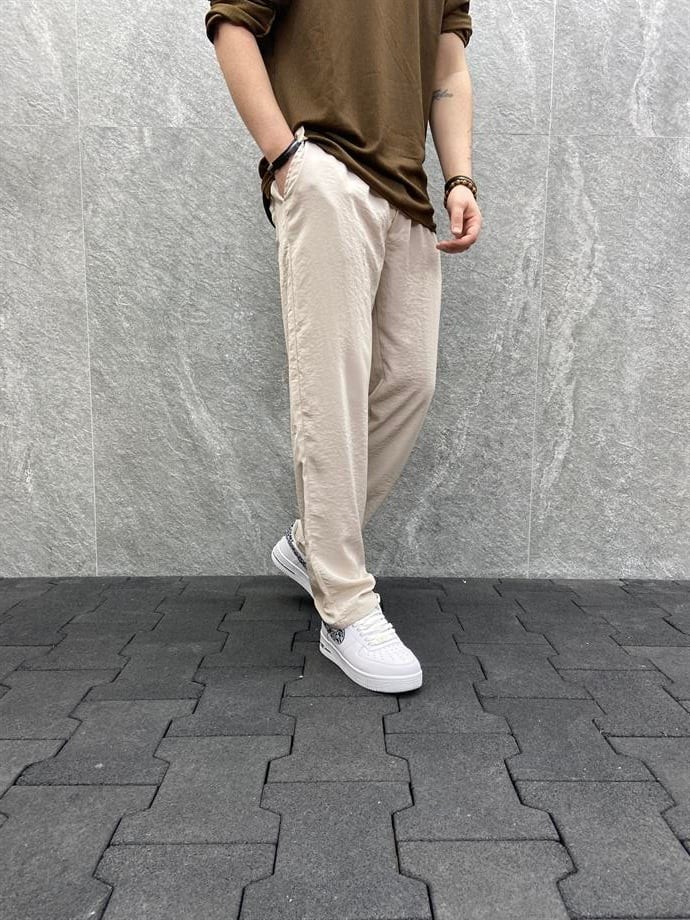 Rahat Kalıp Beli Lastikli Baggy Paraşüt Bej   Pantolon