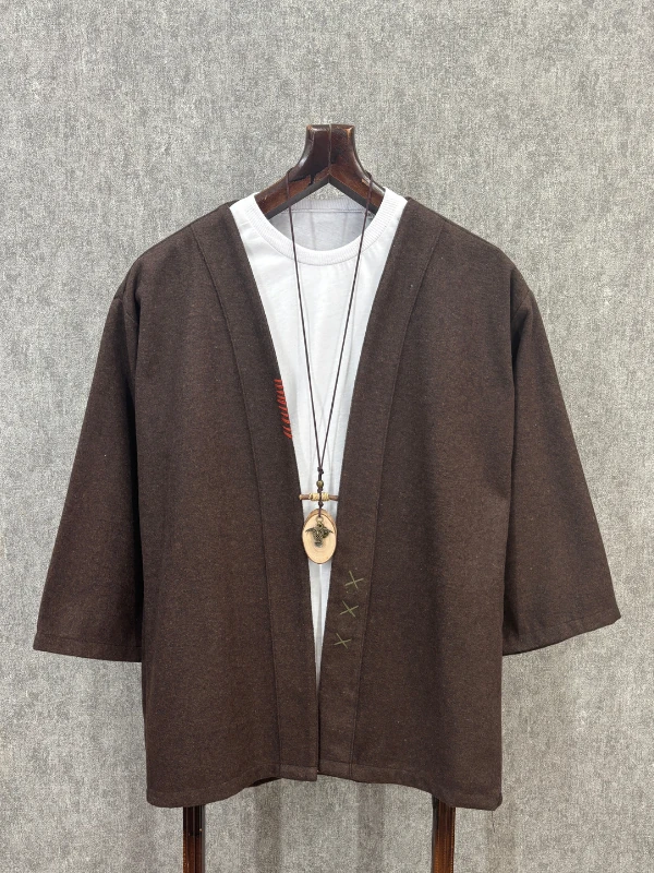 Oversize Fakir Kol Pamuklu El İşi Detaylı Kahverengi Kimono