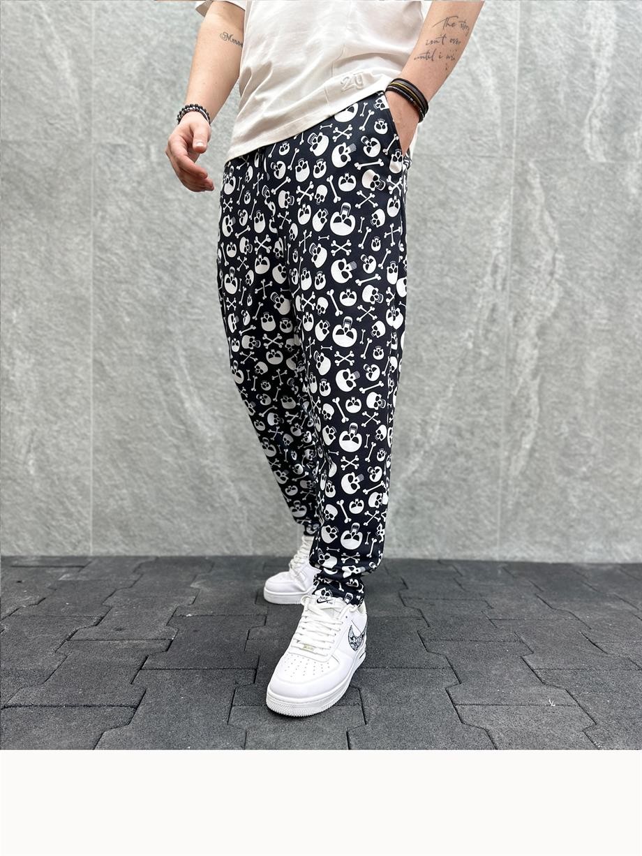 Beli Lastikli Skull Desenli Siyah  Baggy Pantolon