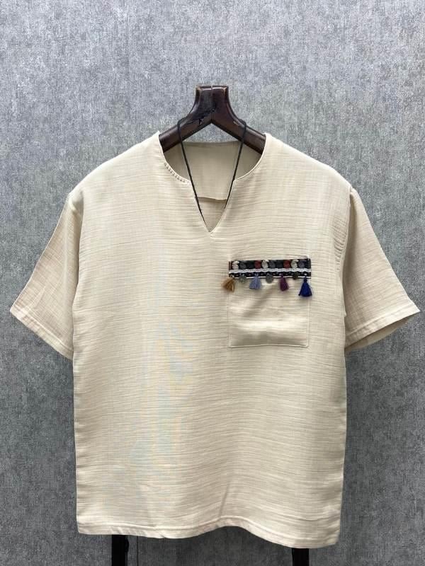 Oversize Otantik Cep Detaylı Pamuk Keten Bej Tshirt