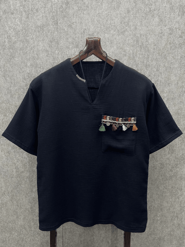 Oversize Otantik Cep Detaylı Pamuk Keten Siyah Tshirt