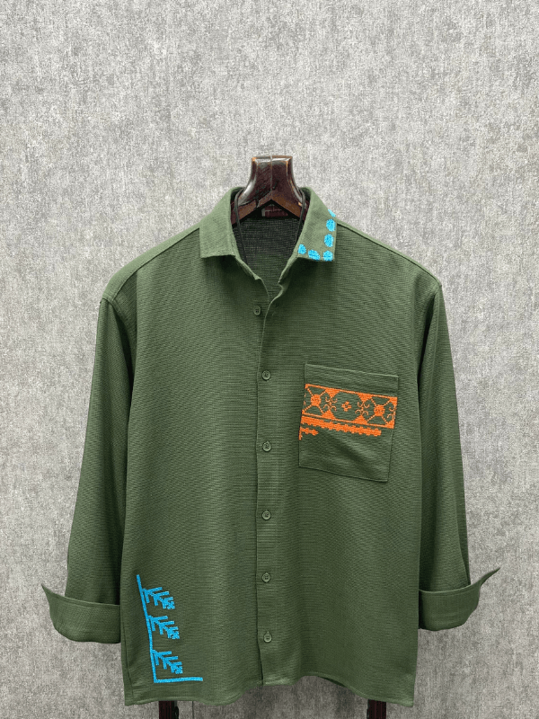 Oversize Authentic Nakış Detaylı Bohem Pamuk Keten Haki Gömlek