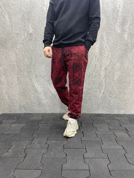 Beli Lastikli Aztek Desenli Pamuklu Kışlık Bordo Kaşe Pantolon