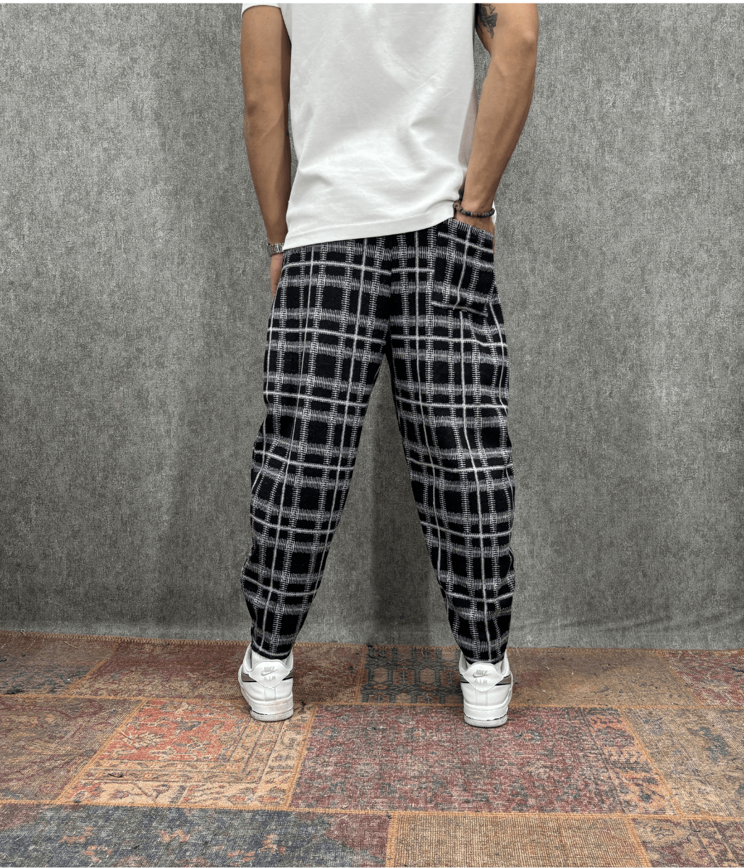 Beli Lastikli Cep Nervür Detaylı Ekoseli Baggy Pantolon 