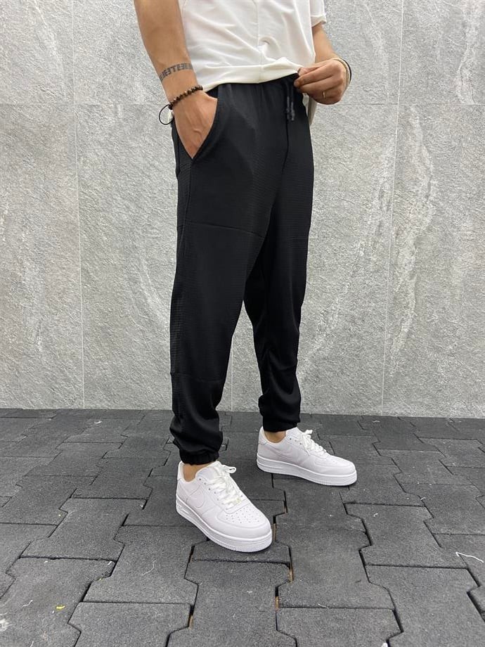 Bürümcük Kumaş Beli Lastikli  Siyah Jogger