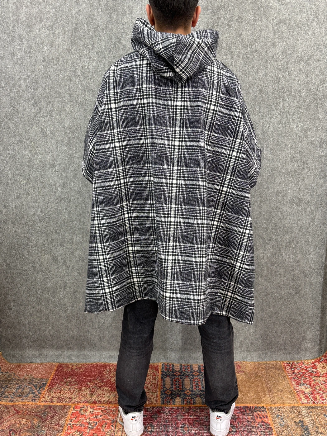 Oversize Kapüşonlu Desenli  Panço