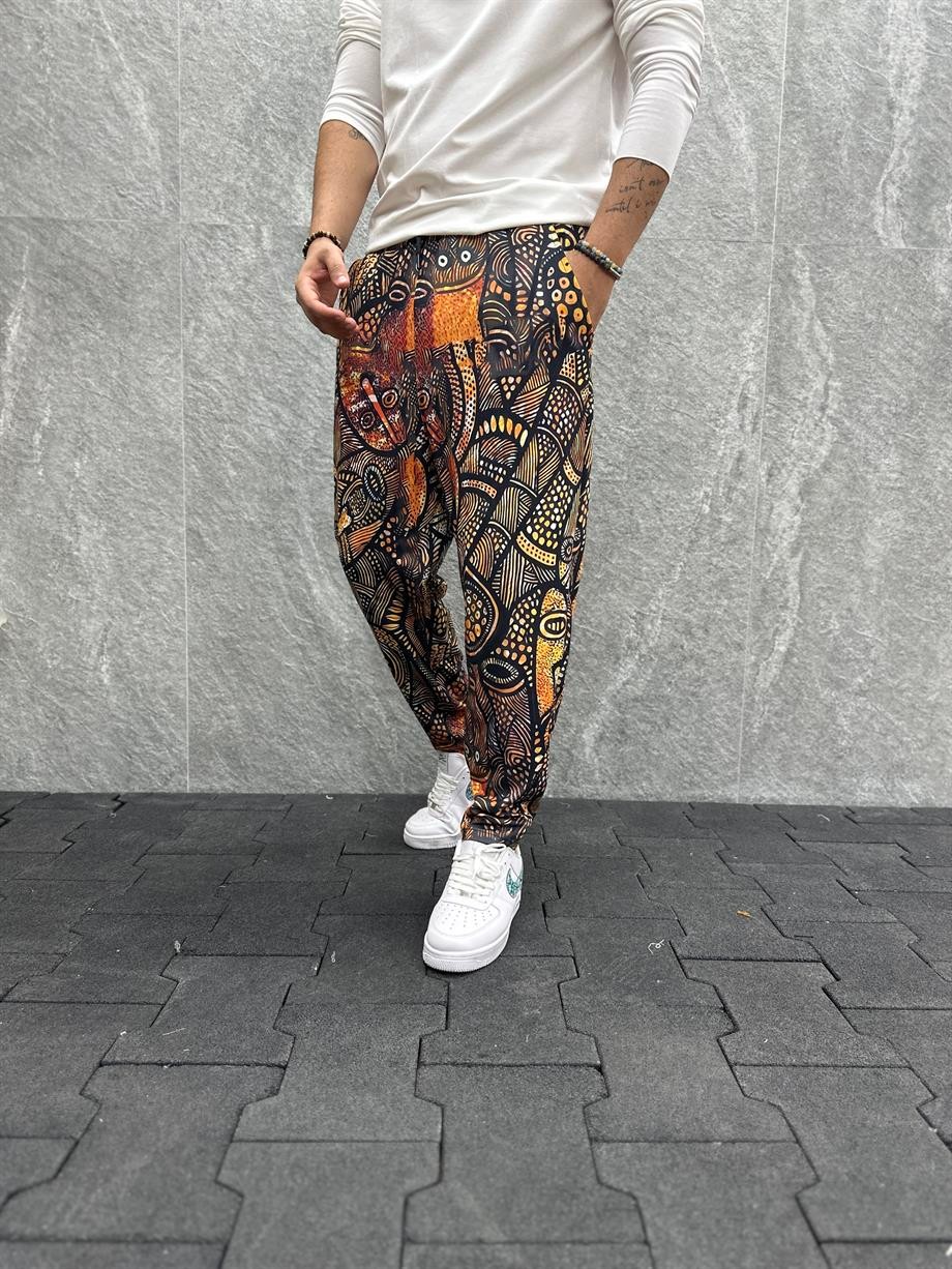 Beli Lastikli Aztek Desenli  Baggy Pantolon