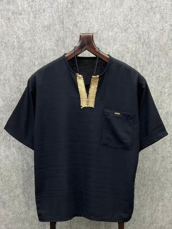 Oversize El İşi Detaylı Bohem Siyah Tshirt