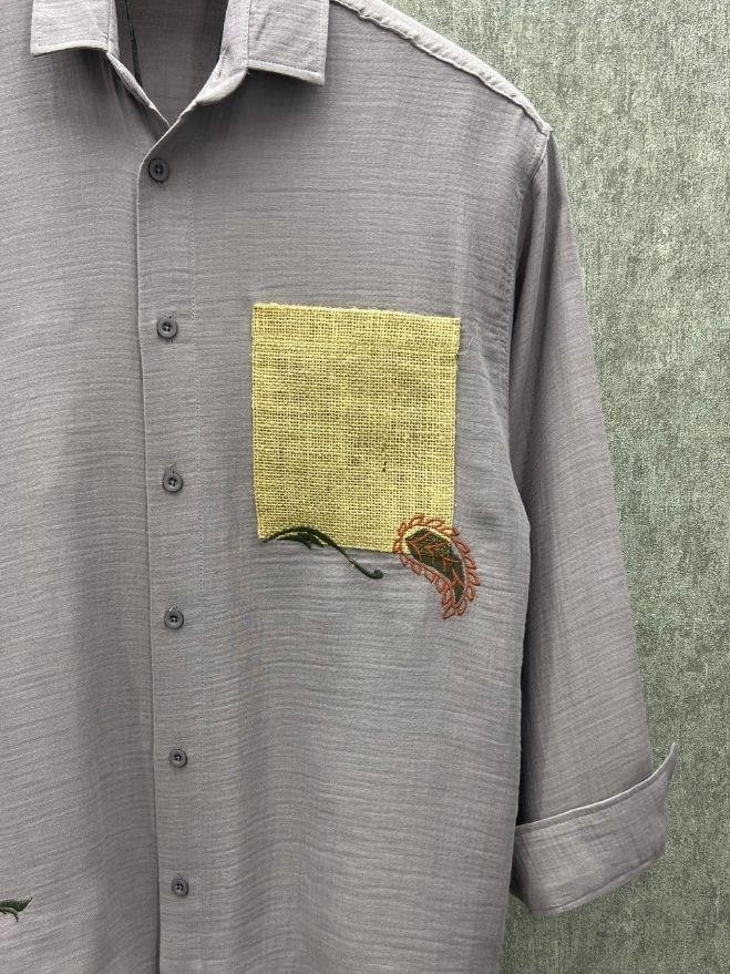 Oversize Nakış Detaylı Hasır Cepli Pamuk Keten Füme  Gömlek