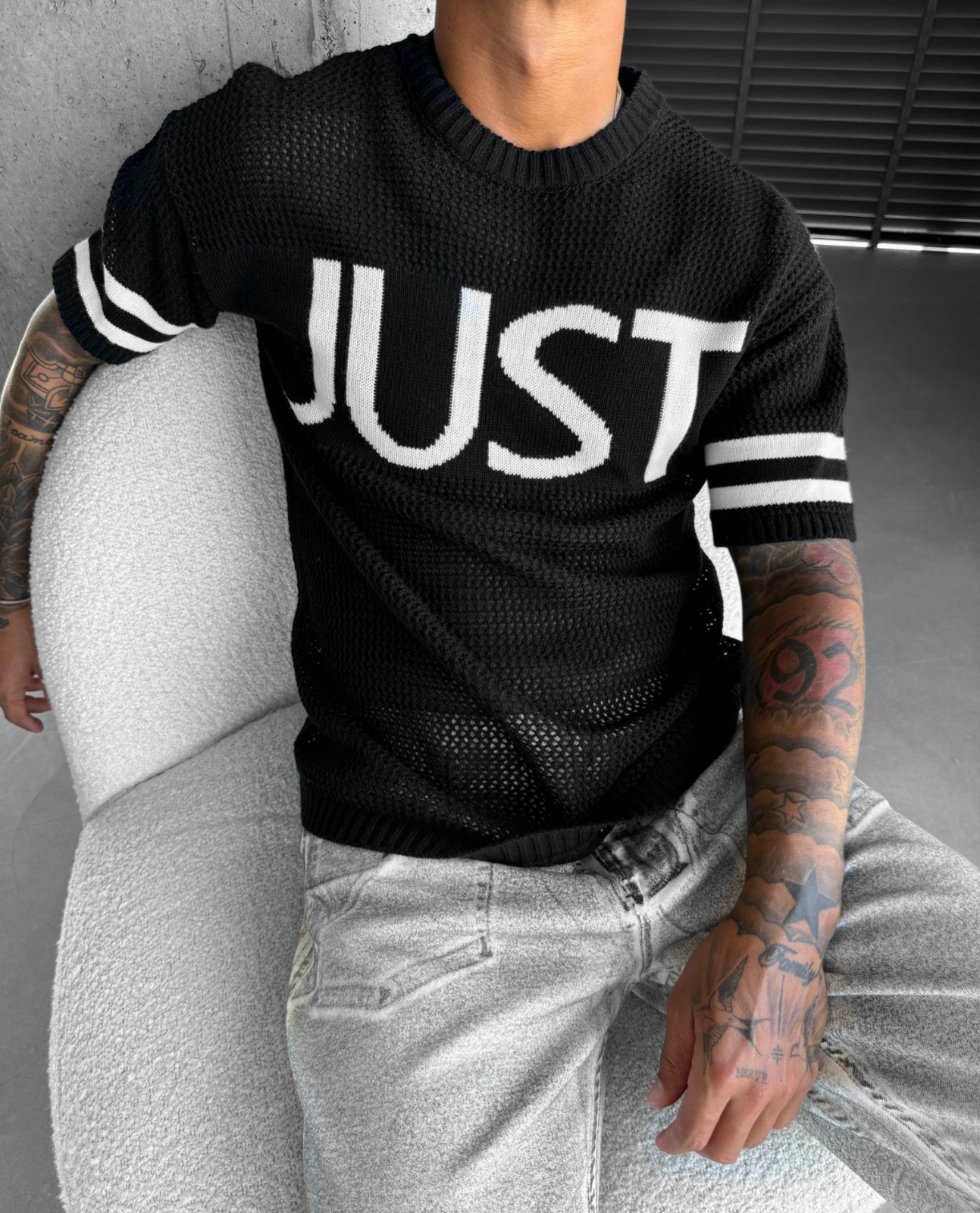 Oversize Delikli Siyah Triko Tshirt
