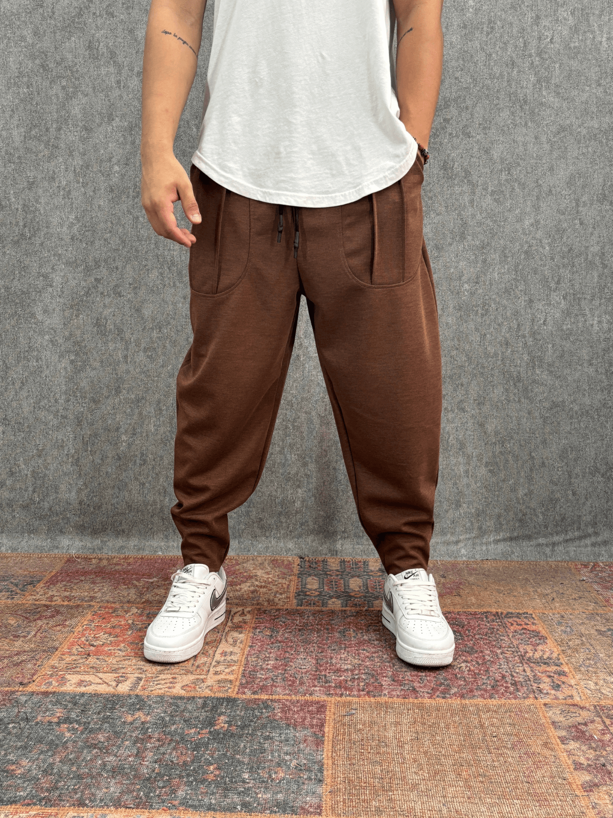 Beli Lastikli Cep Nervür Detaylı Kahverengi Baggy Pantolon