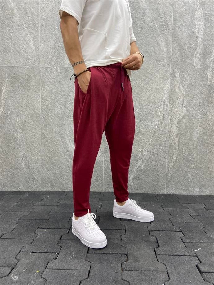 Havuç Kalıp Beli Lastikli Pileli Pamuk Örme Bordo Pantolon