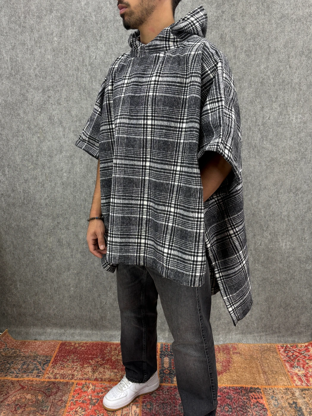 Oversize Kapüşonlu Desenli  Panço