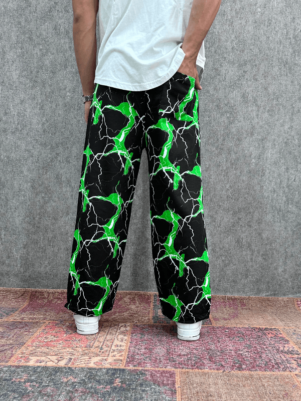 Beli Lastikli Boru Paça Desenli Baggy Pantolon 