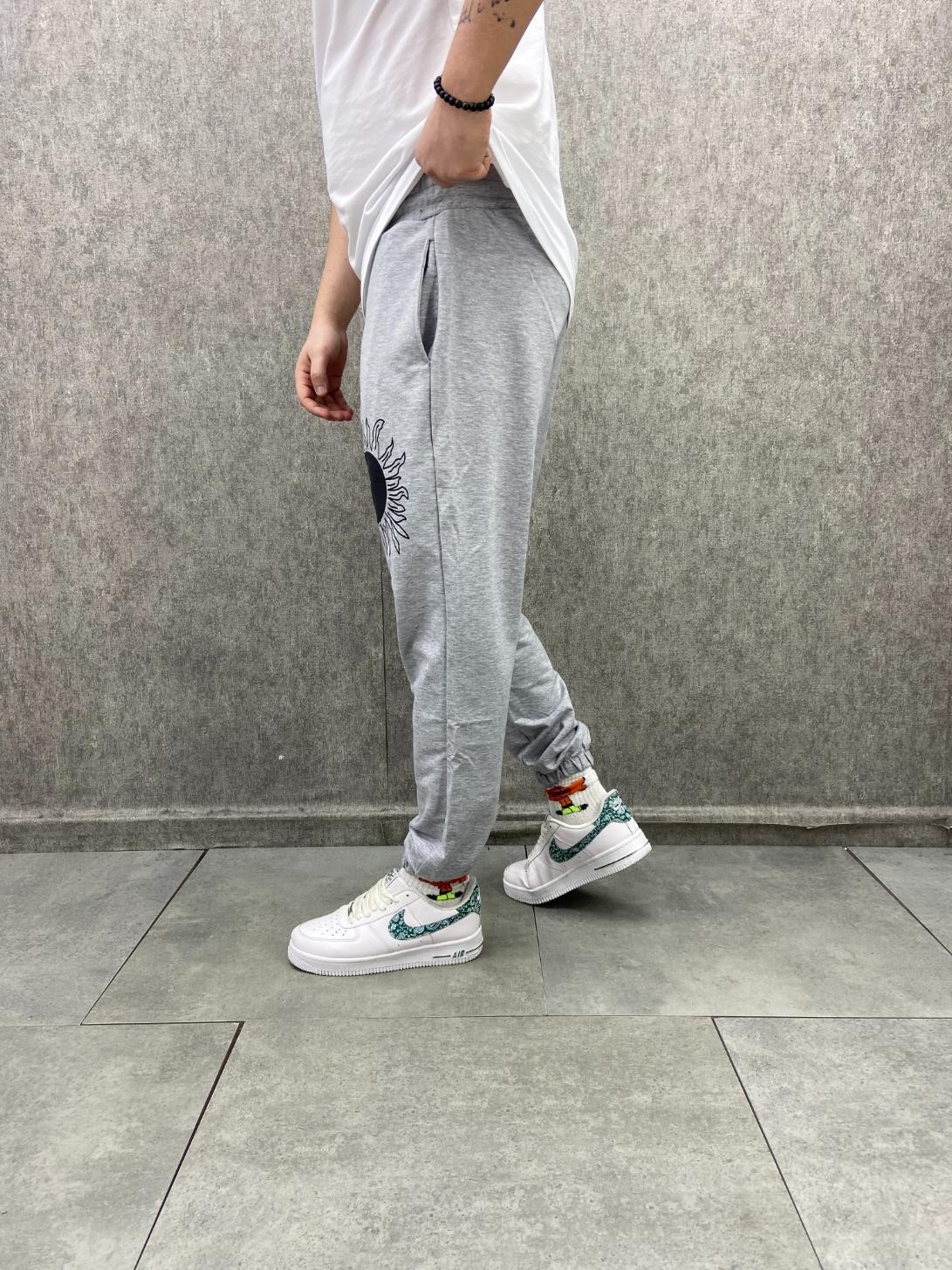 Bel ve Paça Lastikli Planet Baskılı Pamuk Örme Gri Jogger