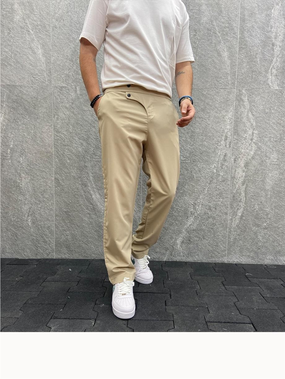 Paraşüt Kumaş Beli Lastikli Bej  Pantolon
