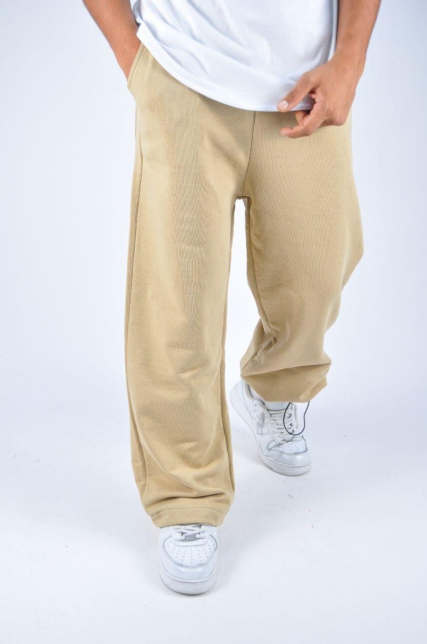 Beli Lastikli Paça Stoperli Bej  Pamuklu Baggy Pantolon