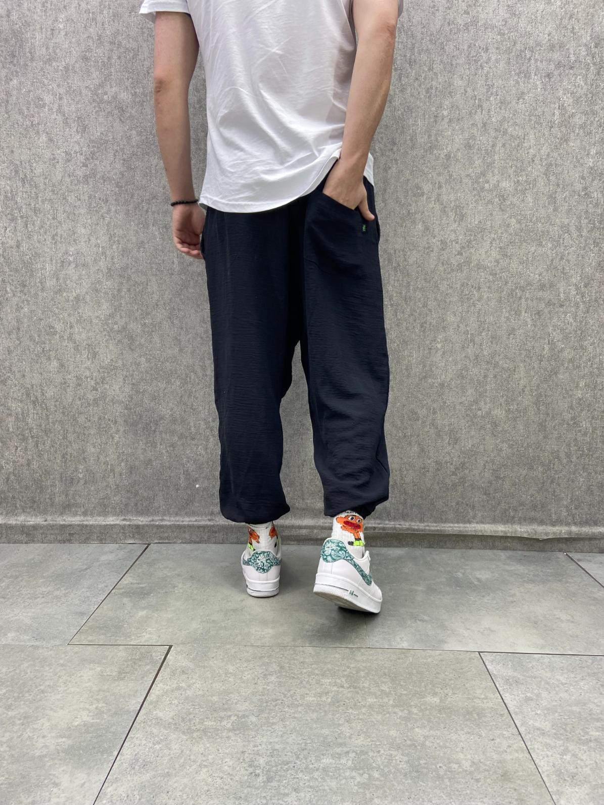 Beli Lastikli Viscon Linen Kumaş Siyah Yarım Şalvar