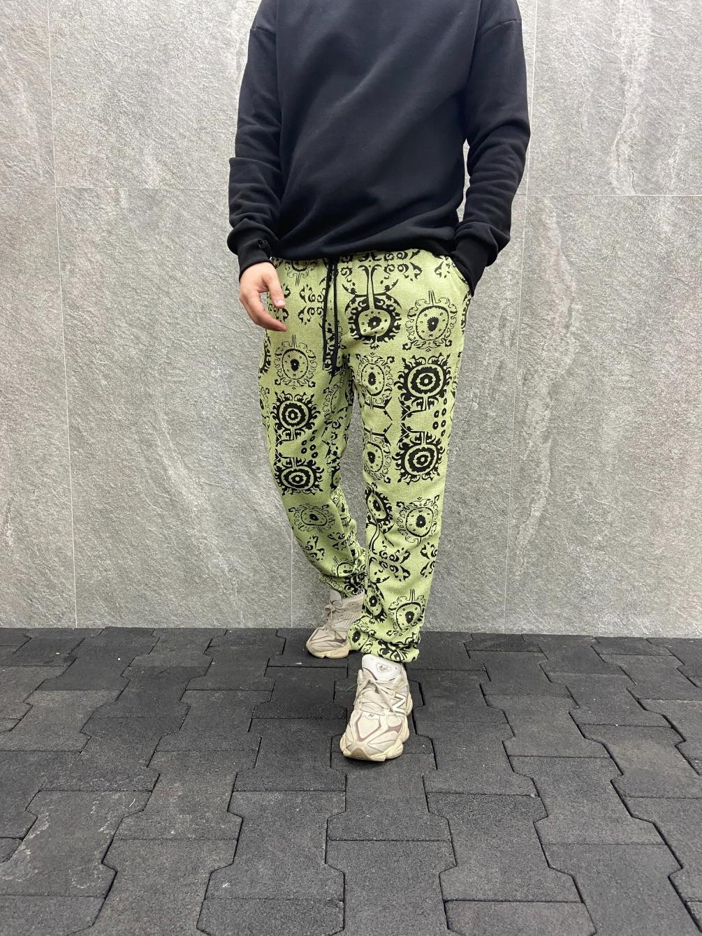 Beli Lastikli Aztek Desenli Pamuklu Kışlık Mint Kaşe Pantolon