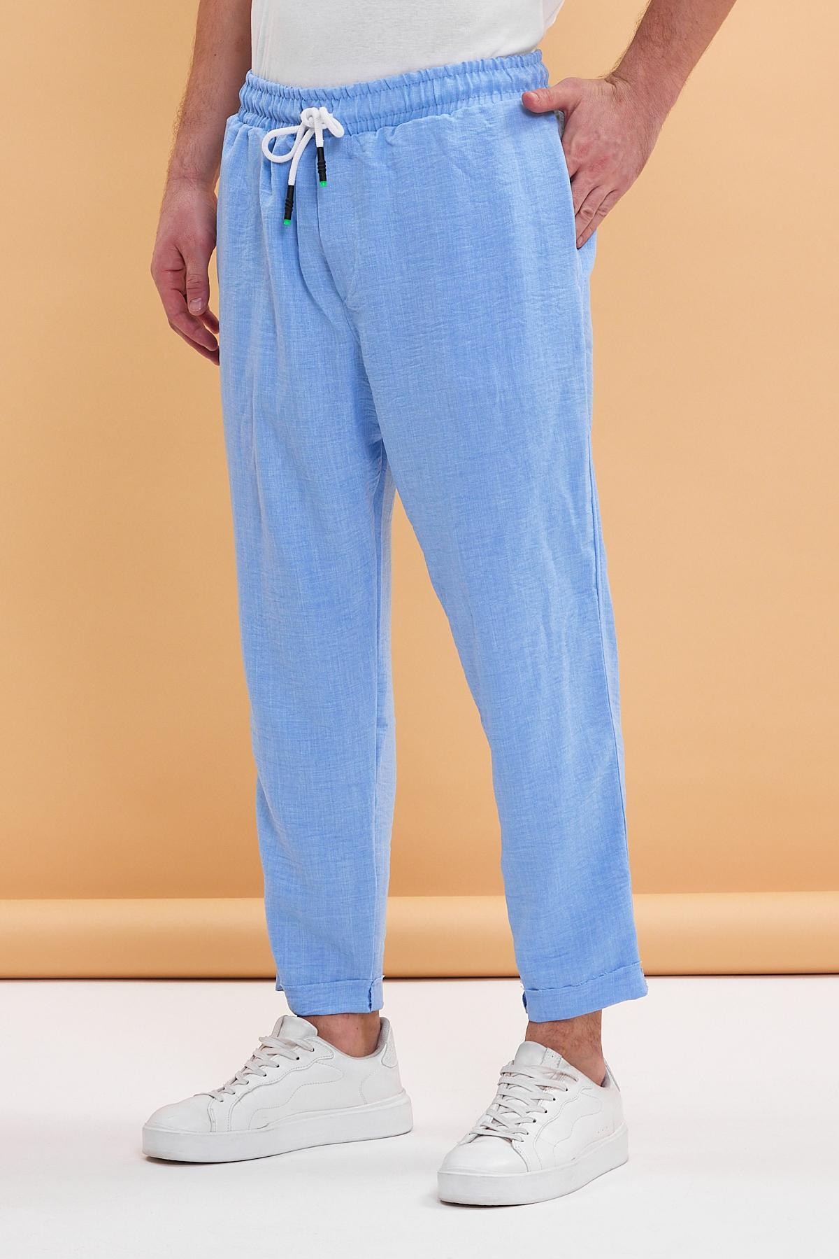Beli Lastikli Viscon Keten Bilek Paça Pantolon