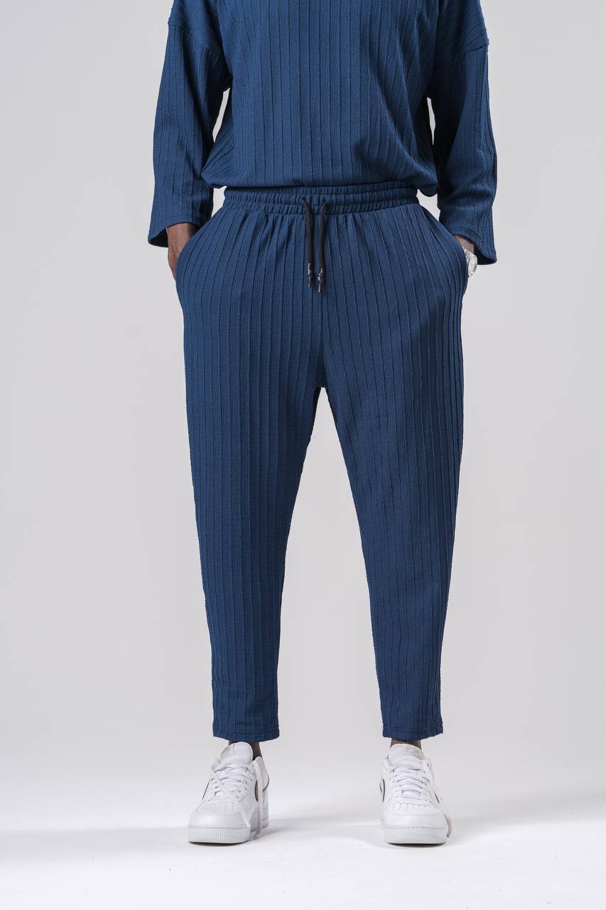 Beli Lastikli Dokulu Bürümcük Kumaş Lacivert Baggy  Pantolon