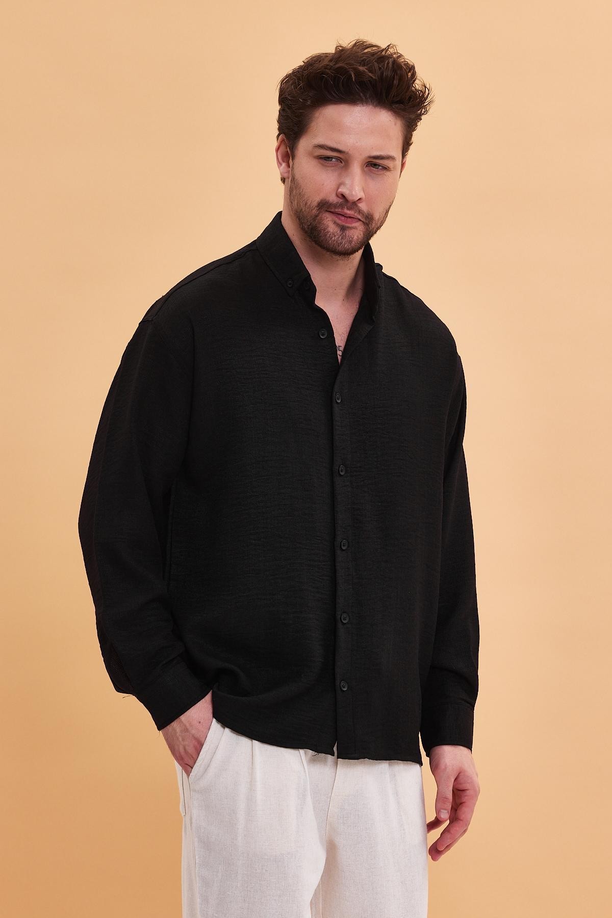 Oversize Yaka Düğmeli Siyah Pamuk Keten Gömlek