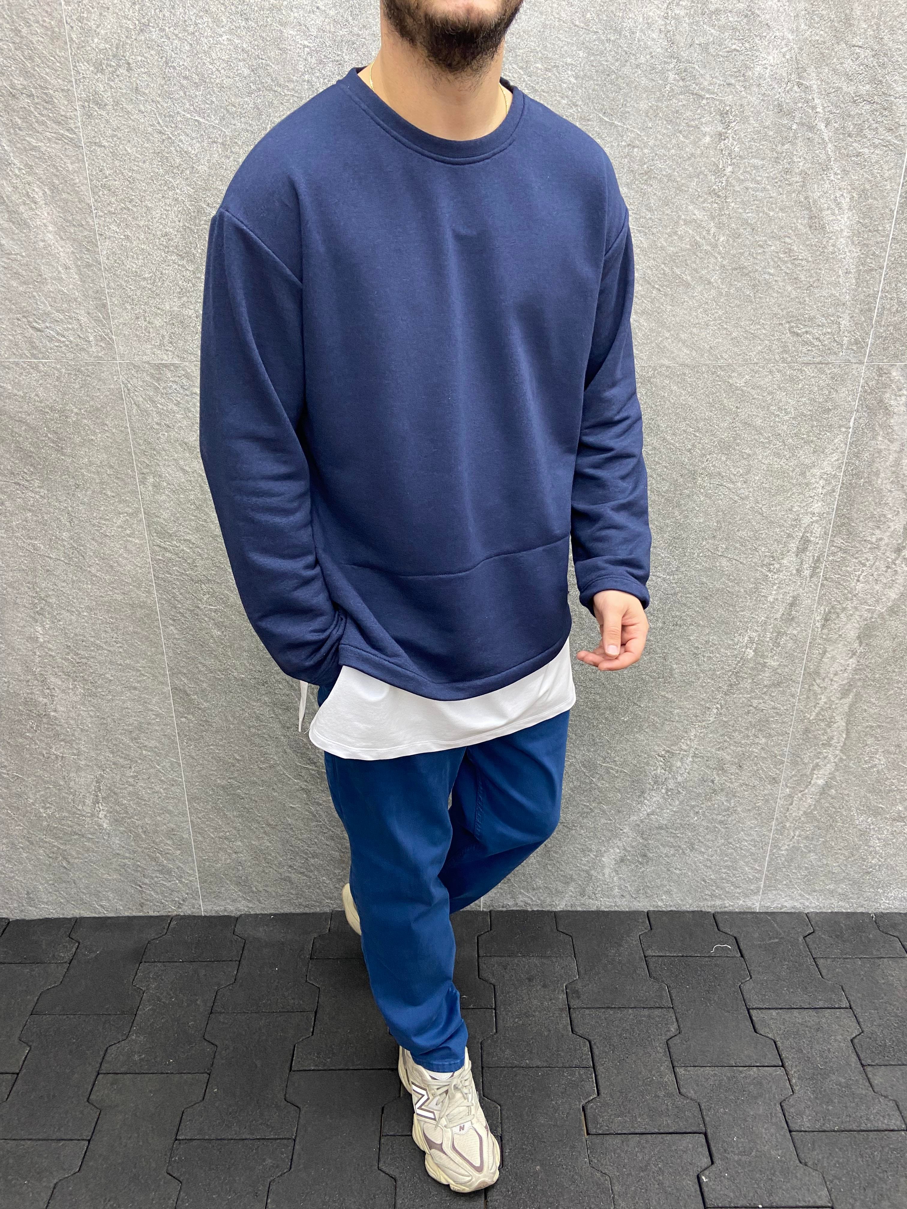 Oversize Beyaz Garnili Pamuklu Lacivert Sweatshirt