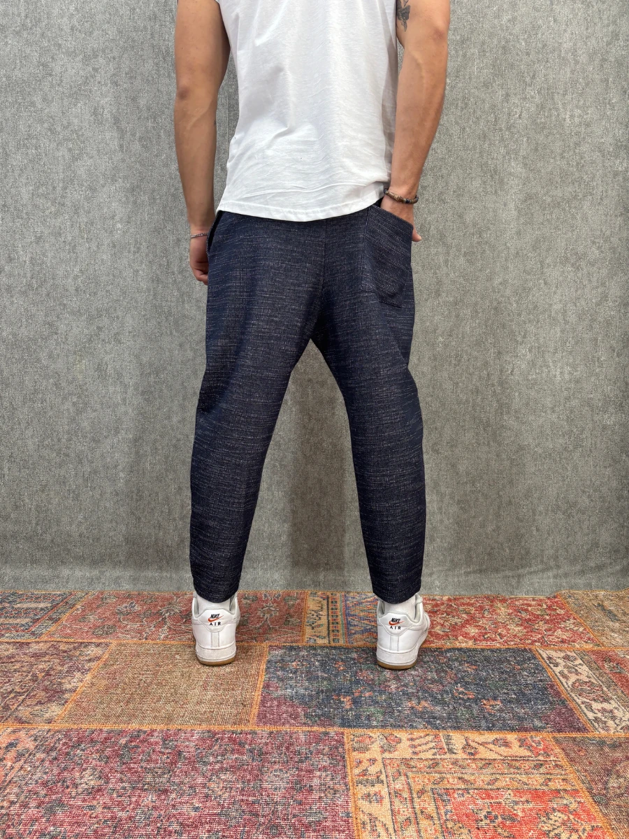 Beli Lastikli Likralı Lacivert Baggy Pantolon