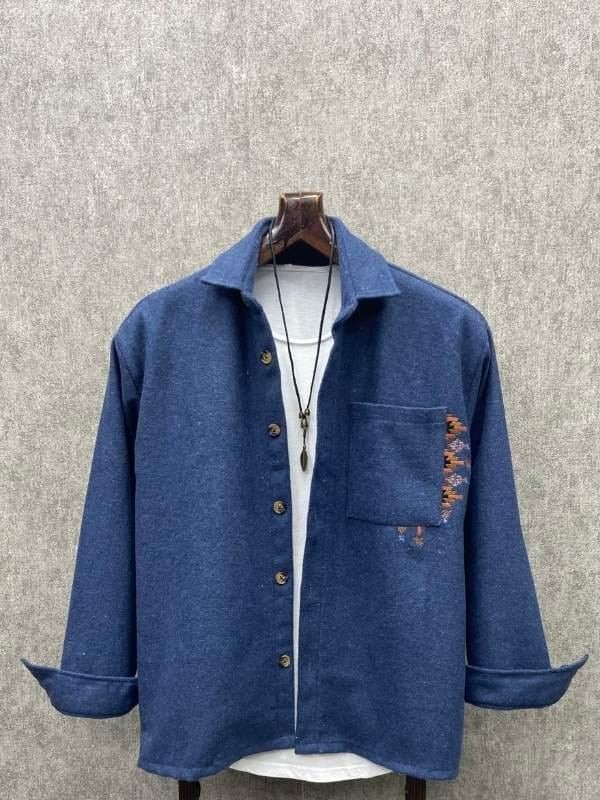 Oversize Nakış Detaylı Bohem Pamuk Kaşe İndigo Gömlek