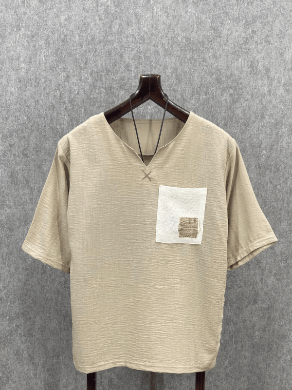 Oversize El İşi Detaylı Bohem Pamuklu Bej Tshirt
