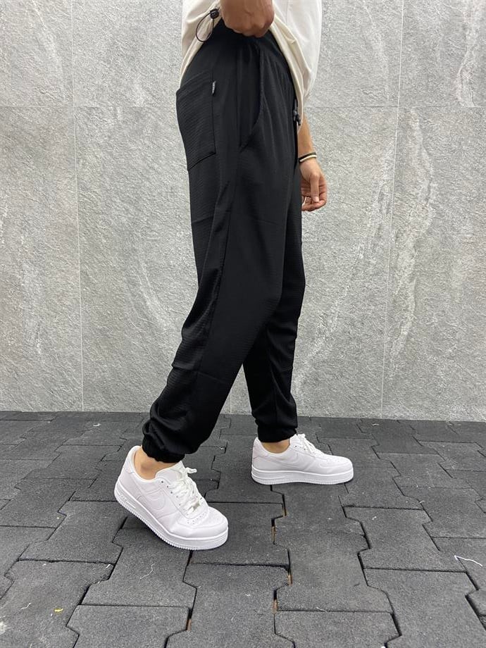 Bürümcük Kumaş Beli Lastikli  Siyah Jogger