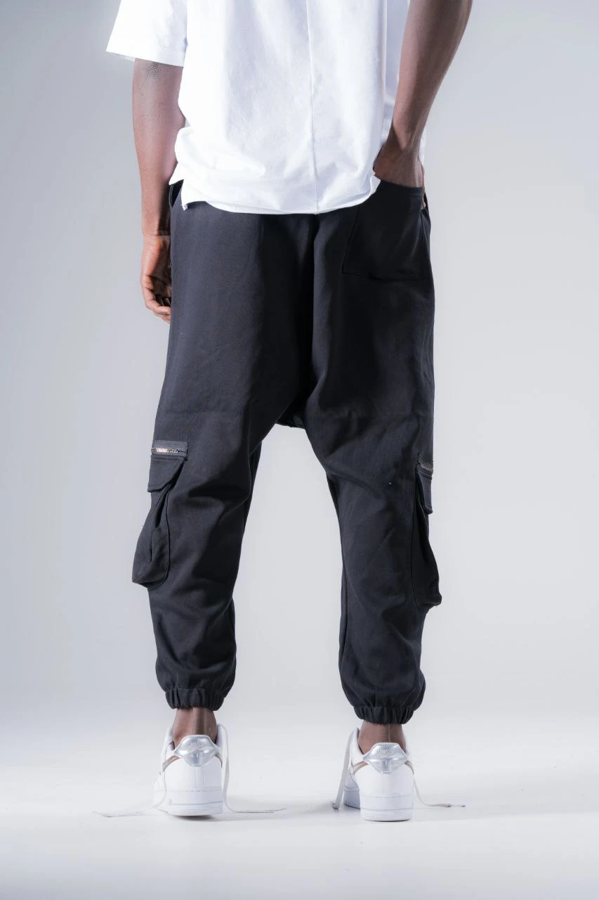 Beli Lastikli Kargo Cepli Siyah Yarım Şalvar 