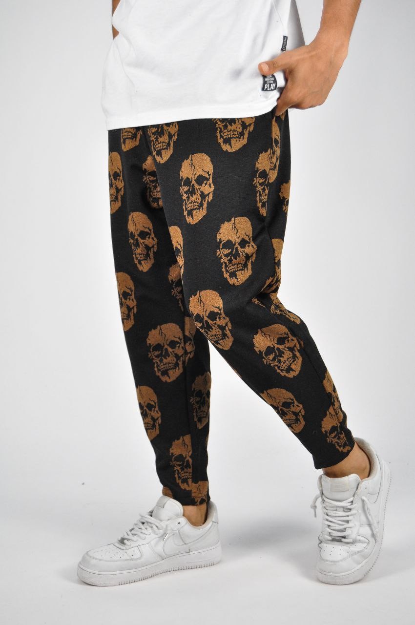 Beli Lastikli Skull Desenli Baggy Pantolon