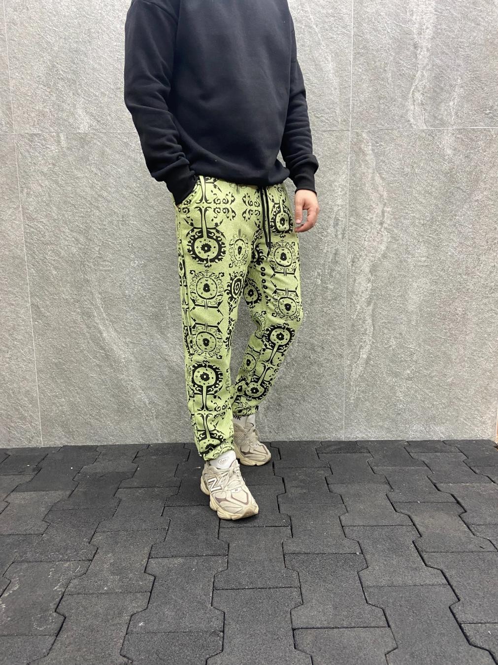 Beli Lastikli Aztek Desenli Pamuklu Kışlık Mint Kaşe Pantolon