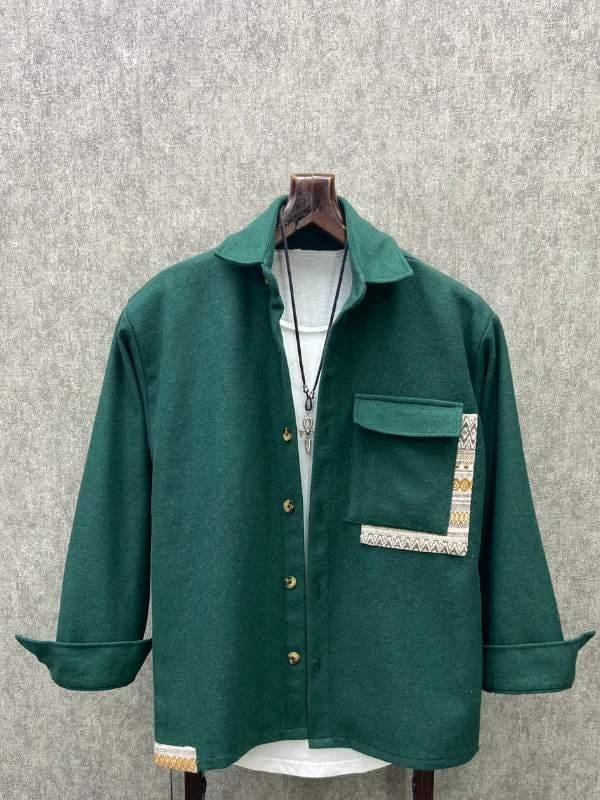 Oversize Bohem Pamuk Kaşe Yeşil   Gömlek