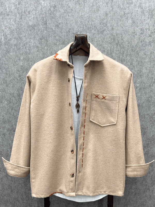 Oversize Bohem Çoban Dikişli Pamuk Kaşe Bej Gömlek