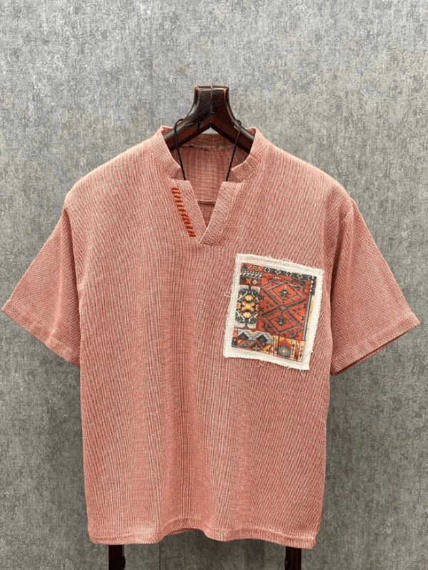 Oversize Bohem El İşi Detaylı Yıkamalı Pembe Pamuk Keten Tshirt
