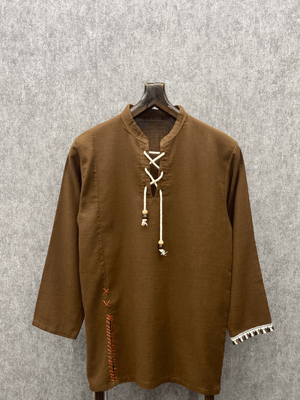 Oversize Long Boy Yıkamalı Pamuk Keten Kahverengi Bohem Tshirt
