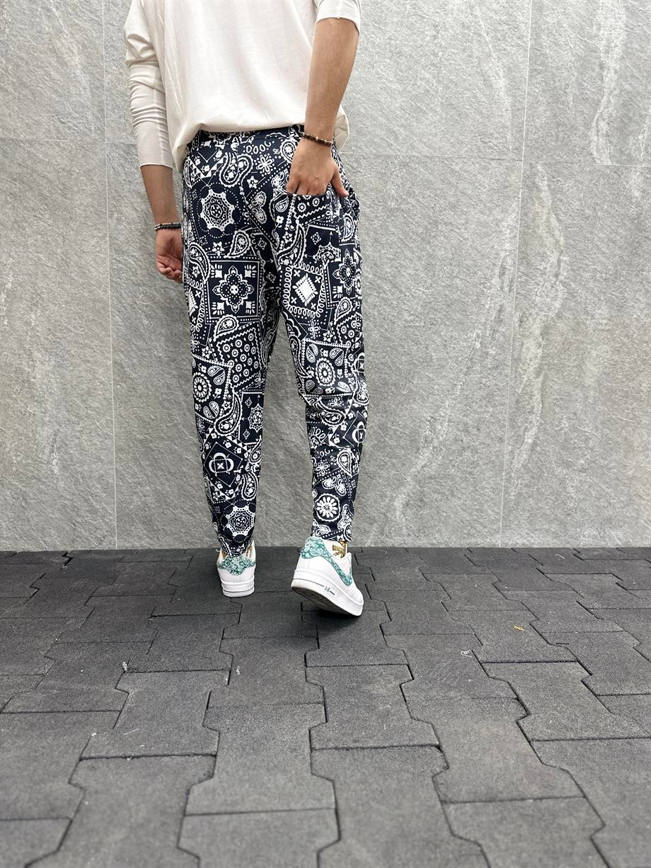 Beli Lastikli Aztek Desenli Baggy Pantolon