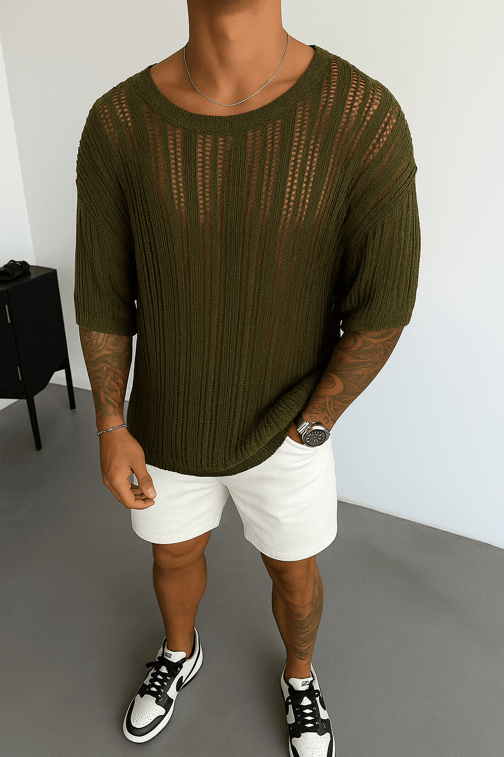 Oversize Delikli Haki Triko